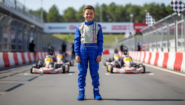 Go Kart Sc. 40% Tuta Intera Bambino Ragazzo Blu Argento Tuta Go Kart Professionale Bandiera Italiana