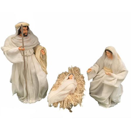 Natività completa statue per presepe vestiti in tessuto Bianco e Beige h 48 cm