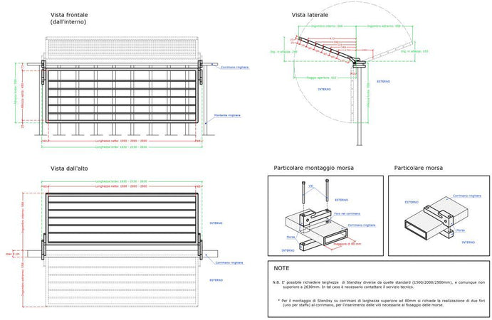 Stendibiancheria richiudibile per ringhiera, stendino per balcone in alluminio anodizzato antiruggine