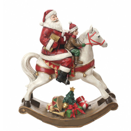 Statuetta Cavallo a dondolo con Babbo Natale colori natalizi in poli-resina Storia Dino Bianchi