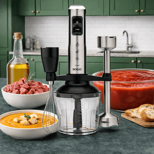 Frullatore a Immersione SOGO Inox Multifunzione – 23 Velocità + Turbo, Lame in Titanio Tritaghiaccio, Tritatutto 650 ml, Bicchiere 800 ml, 5 Accessori