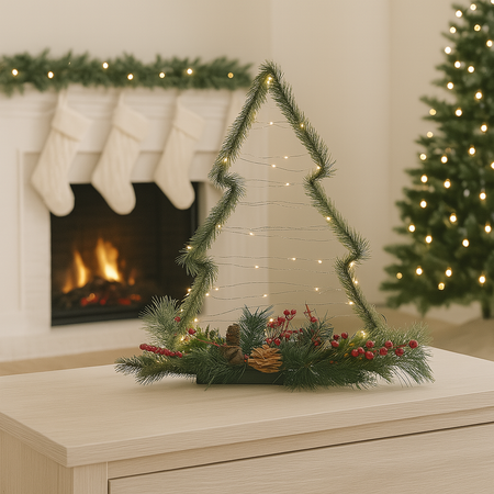 Alberello di Natale con bacche, pigne e luci led decorazione natalizia