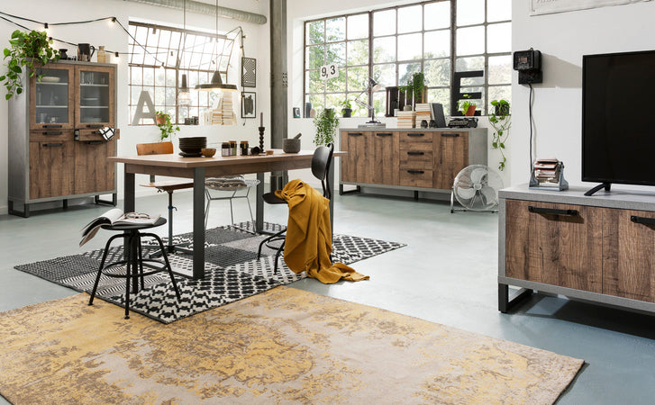 Credenza con 2 ante in vetro e 2 cassetti stile Industrial grigio e rovere h 170 cm Made in Italy