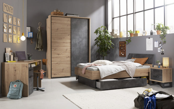 Scrivania da ufficio porta PC stile Industrial con 1 anta e 1 cassetto color rovere e nero 110 cm
