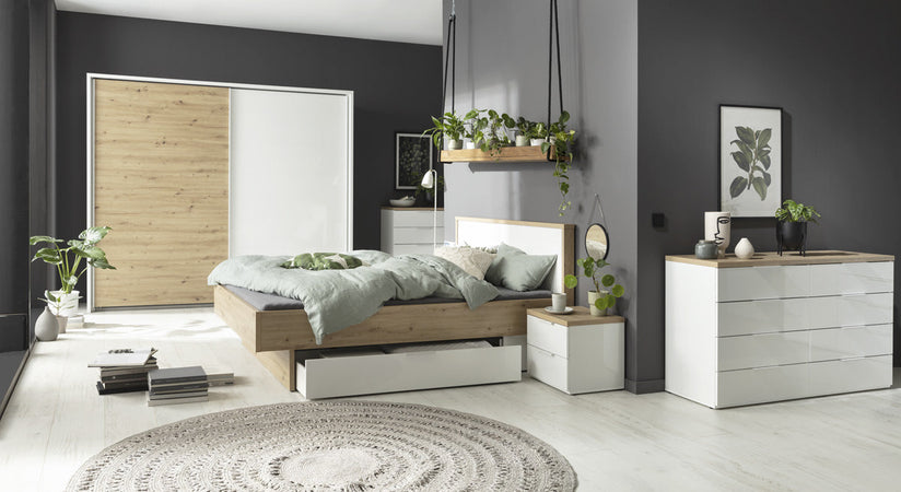 Armadio in legno con 2 ante scorrevoli bianco laccato e rovere "Made in Italy"