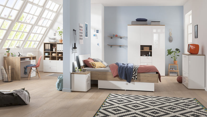 Comodino bianco laccato Globo con 2 cassetti per cameretta moderna