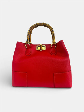 DOPPIASE Borsa artigianale Made in Italy in vera pelle martellata con manici in bamboo naturale 38x27x13cm