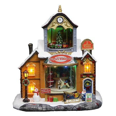 Fabbrica di babbo natale resina con finestre e personaggi rotanti e musica