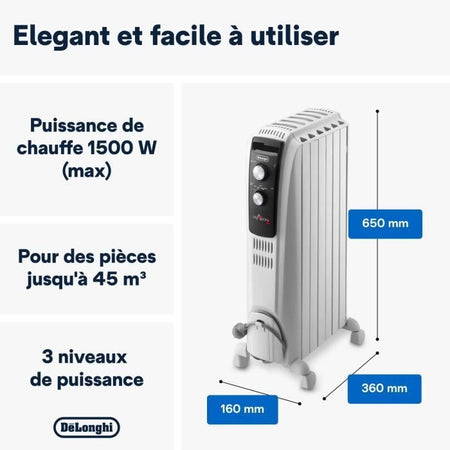 Radiatore a bagno d'olio Dragon4 DELONGHI - 1500W - 3 stadi di riscaldamento - Tecnologia Real Energy - Effetto camino