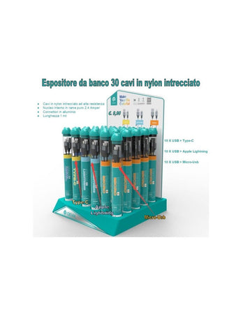 Espositore con 30 cavi 10 X Apple - Type-C - M-Usb