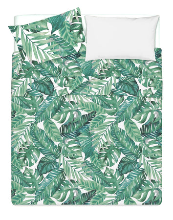 Completo letto lenzuola federe bifaccia double face stampa digitale in cotone made in italy  FOGLIE VERDI/BIANCO