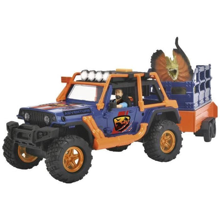 Dickie - Dinosaur Commander - 1 Jeep Wrangler con rimorchio + 1 personaggio articolato + 2 dinosauri