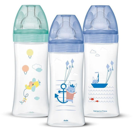 DODIE Set di 3 Biberon Sensation+ Anti-Colica 330ml +6 Mesi, Tettarella Piatta, Flusso 3 - Blu Mare e Verde Aria