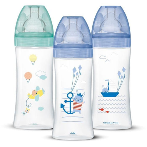 DODIE Set di 3 Biberon Sensation+ Anti-Colica 330ml +6 Mesi, Tettarella Piatta, Flusso 3 - Blu Mare e Verde Aria