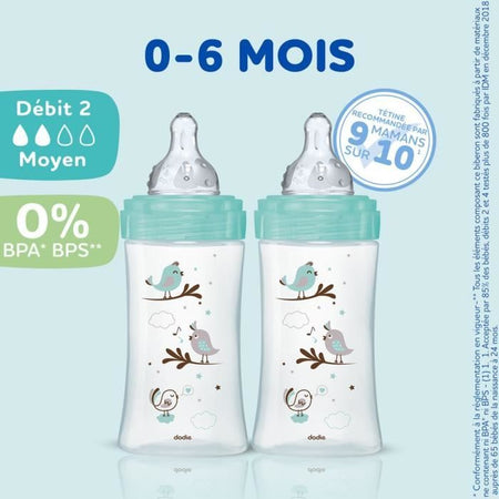 Set di 3 dodie anti -color iniziazione+ bottiglie - vetro - 270 ml - 0-6 mesi - ciuccio rotondo - flusso 2