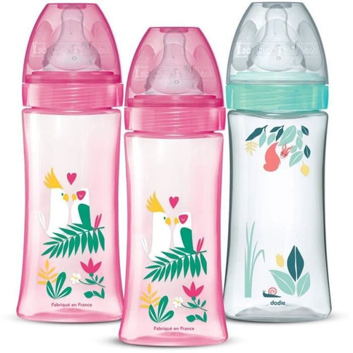 Set 3 biberon anticoliche - DODIE - Anti-coliche - Tettarelle rotonde - 330 ml - +6 mesi - 3 velocità - Portata 3 - Rosa e verde