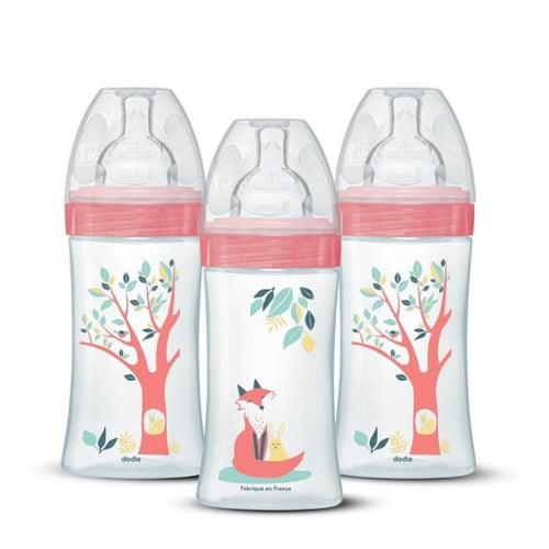 Set 3 biberon - DODIE - EB20 - 270 ml - Tettarella piatta - Rosa