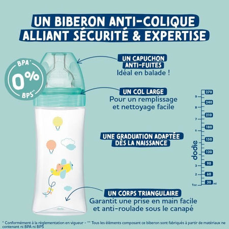 Set 3 biberon - DODIE - EB20 - 270 ml - Tettarella piatta - Rosa