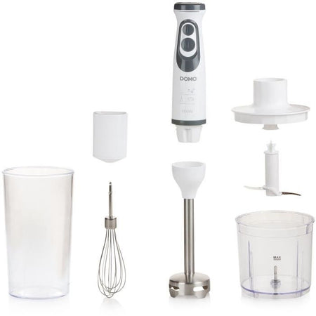 Set frullatore - DOMO - DO1089M - 600 W - Velocità variabile + Turbo - Frullatore a immersione, frusta, tritatutto, bicchiere graduato - Bianco