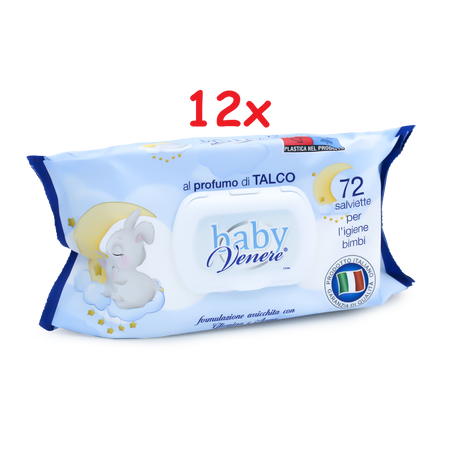 BABY VENERE Salviettine Detergenti delicate ed emollienti - formulazione arricchita con glicerina - profumo TALCO - per pelli sensibili - 12 pacchi da 72 salviettine - 864 salviettine DERMACOTONE