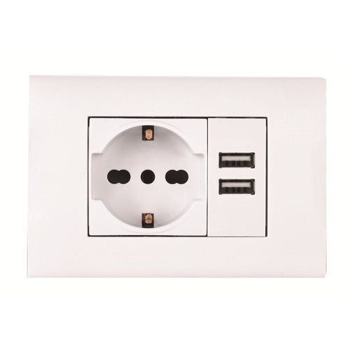 KIT 3 MODULI CON SUPPORTO+PLACCA+PRESA UNIV+MODULO CON 2USB 2.1A BIANCO