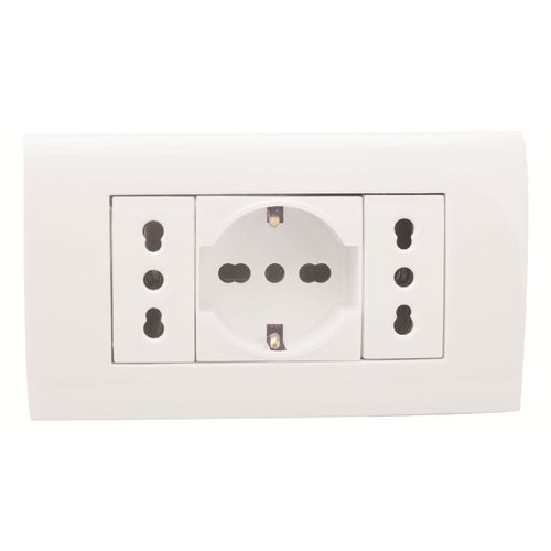 KIT 4 MODULI C/SUPPORTO+PLACCA+2 PRESE BIPASSO+1 PRESA UNIVERSALE BIANCO