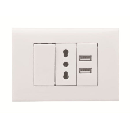 KIT 4 MODULI C/SUPPORTO+PLACCA+PRESA BIPASSO+2 USB 2.1A+INT UNIP BIANCO