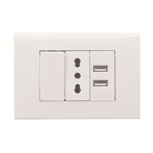 KIT 4 MODULI C/SUPPORTO+PLACCA+PRESA BIPASSO+2 USB 2.1A+INT UNIP BIANCO