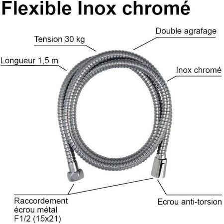 Flessibile doccia - ROUSSEAU - Dadi metallici antitorsione - Riduttore di portata - Lunghezza 1,50 m - Acciaio inox cromato a doppia graffatura