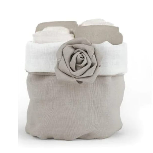 Set di 4 lavette Daunex 30x30 cm in spugna di cotone con cestino decorativo “Bocciolo”, eleganza e morbidezza per il bagno.