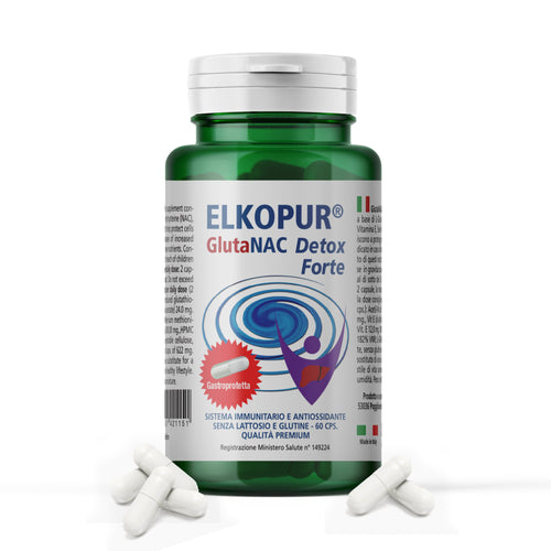 Elkopur® GlutaNAC Detox Forte - Integratore alimentare di L-Glutatione ridotto, N-Acetilcisteina (NAC), Vitamina E, Selenio, L-Glicina in Capsule gastroresistenti vegetali, prodotto in Italia