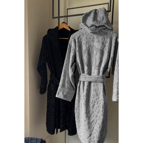 Accappatoio Roberto Cavalli Jaguar L/XL in spugna 100% cotone grigio, 410 gr/mq, con cappuccio, cintura e tasche, stile animalier, Made in Italy.