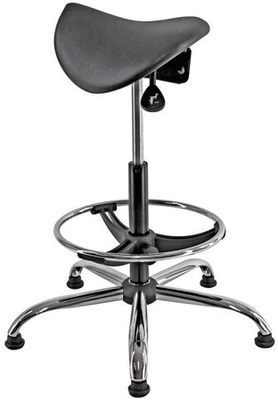 Sgabello ergonomico con poggiapiedi e base in acciaio cromato cm. 35x63x59/84h