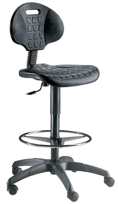 Sgabello ergonomico con scocca in poliuretano e seduta alta cm. 46x63x100/125h