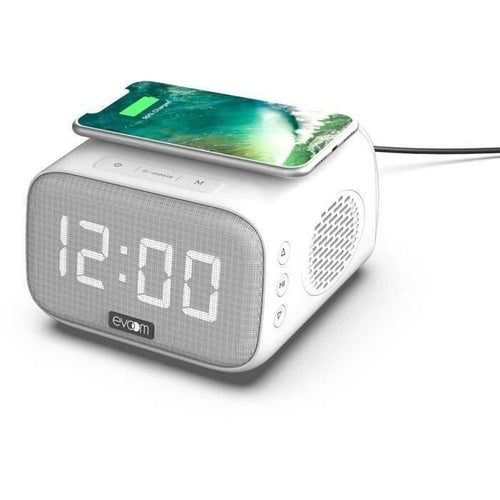 Sveglia con carica altoparlante - EVOOM - EV304601 - Bianca con caricatore wireless e altoparlante integrato