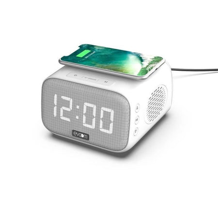 Sveglia con carica altoparlante - EVOOM - EV304601 - Bianca con caricatore wireless e altoparlante integrato
