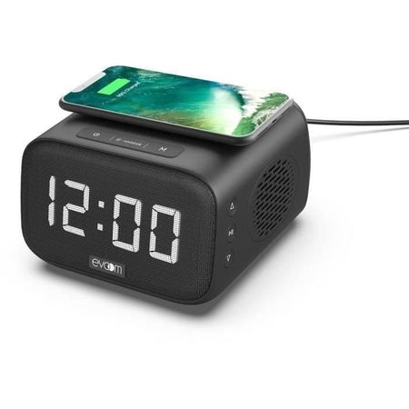 Sveglia caricabatteria con altoparlante - EVOOM - EV304618 - Nera con ricarica wireless e altoparlante integrato