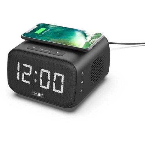 Sveglia caricabatteria con altoparlante - EVOOM - EV304618 - Nera con ricarica wireless e altoparlante integrato