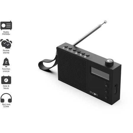 EVOOM EGY Radiosveglia nera - Radio FM e DAB+ - Batteria Batterie/USB - 2 sveglie
