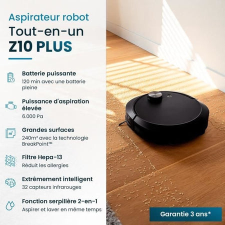 Robot aspirapolvere e scopa connesso con base svuotante EZICLEAN All-in-one Z10 Plus - 240 min - 6000 pa - 180 m - 1,5 L