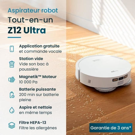 EZICLEAN All In One Z12 Ultra - Robot aspirapolvere e scopa connesso con base svuotante - 270 min - 14,4 V - 1,8 L - Bianco