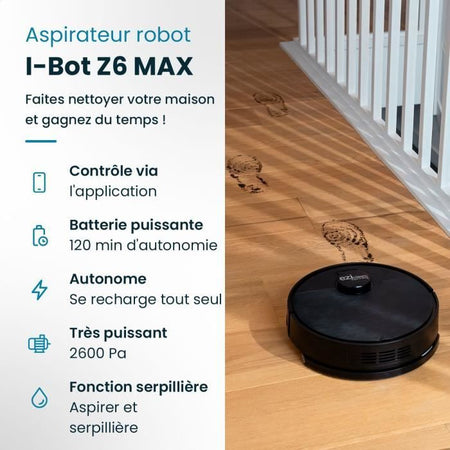 EZIclean I-BOT Z6 MAX - Aspirapolvere e robot lavapavimenti connessi 150 min - 2 kPa - 0,43 L - Nero