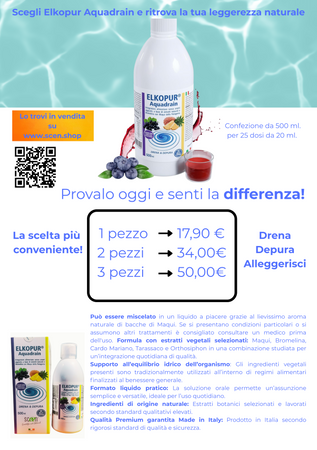 Elkopur® Aquadrain, è un prodotto depurativo, ad azione drenante che aiuta ad eliminare i liquidi in eccesso, migliorare il microcircolo venoso, ridurre gonfiore e senso di pesantezza