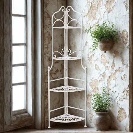 Scaffale Angolare Stile Provenzale Ferro Bianco Intagliato