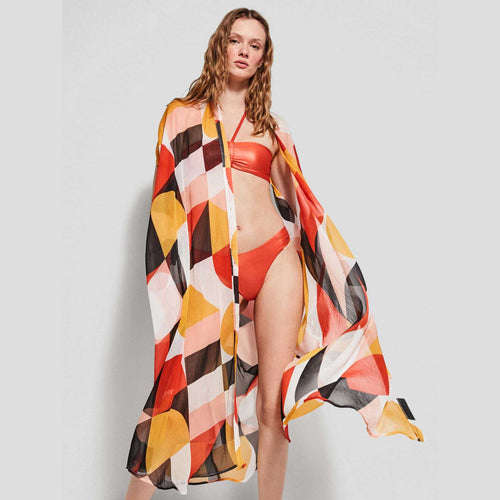 Caftano lungo Gisela stampato con bottoni frontali, in poliestere leggero, taglia unica