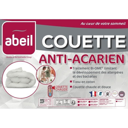 Piumino antiacaro - 220 x 240 cm - Caldo - 400 g/m 2 persone - Bianco - ABEIL