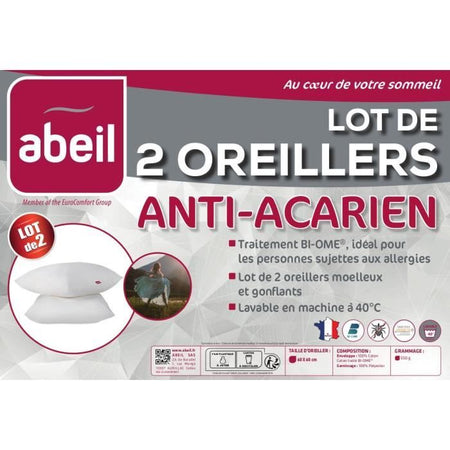 Set di 2 cuscini antiacaro - 60 x 60 cm - 100% cotone trattato biologico - ABEIL