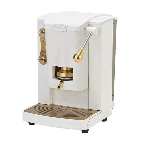 FABER PICCOLA SLOT BRASS EDITION - MACCHINA PER CAFFE'' CON PRESSACIALDA IN OTTONE - TELAIO IN METALLO CON ELEMENTI DORATI BIANCO E FRONTALE IN POLICARBONATO BIANCO