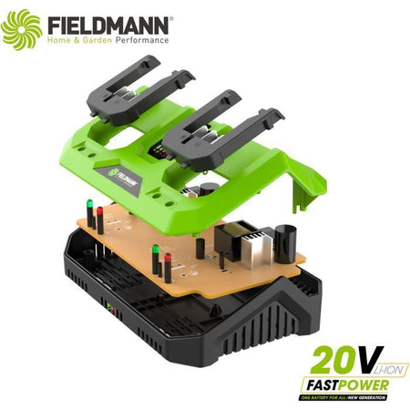Caricabatterie doppio - FIELDMANN - Per batterie da 20 V - Carica 2 Ah in 60 min - Compatibile con 2 Ah, 4 Ah