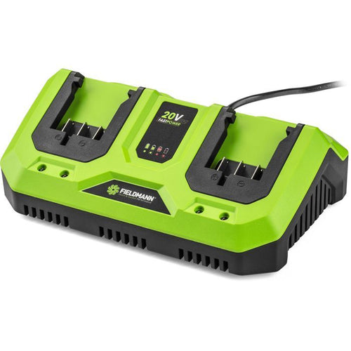 Caricabatterie doppio - FIELDMANN - Per batterie da 20 V - Carica 2 Ah in 60 min - Compatibile con 2 Ah, 4 Ah
